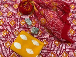 Red and amber  cotton suit with chiffon dupatta
