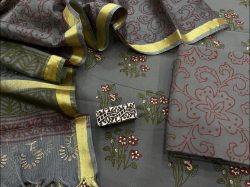 Slate gray floral print  cotton suit with silk dupatta