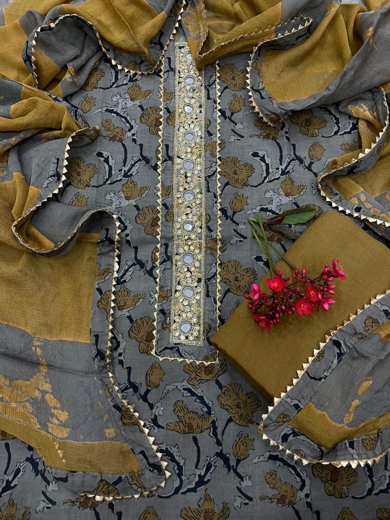 Gray Gota embroidery suit with kota doria dupatta