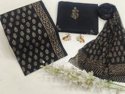 Pure black chiffon dupatta cotton suit with silver print