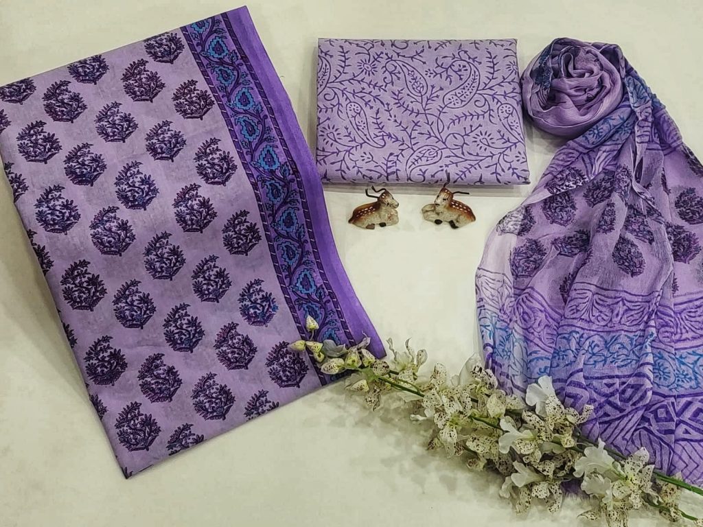 Purple pigment print cotton suit with chiffon dupatta