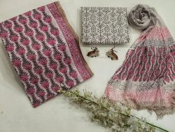 Handblock printed pink floral chiffon dupatta suit