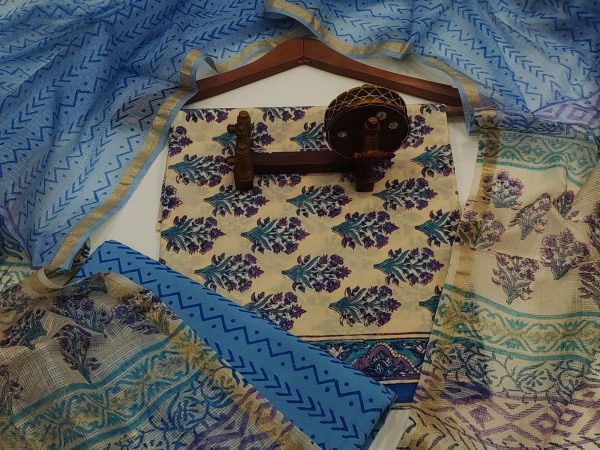 Hand block printed blue and white cotton suit with kota silk dupatta