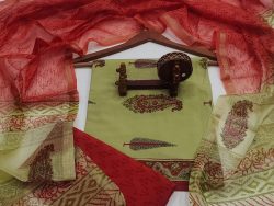 Red and light olive office wear cotton suit with kota silk dupatta