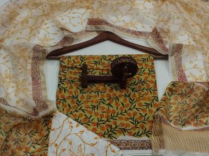 White and yellow office wear cotton suit with kota silk dupatta