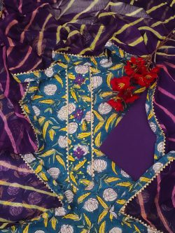 Blue green and purple party wear tie work cotton suit