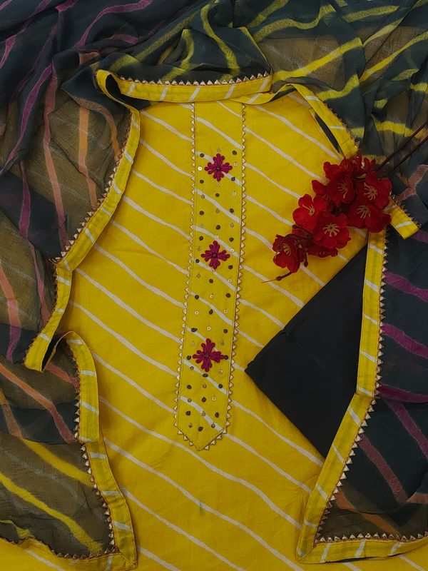 Yellow and black lehariya gota embroidery cotton suit