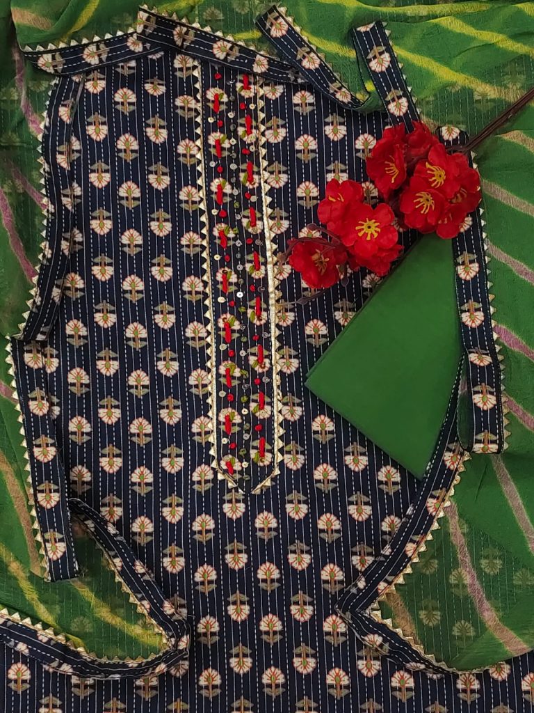 Prusian blue and green party wear gota embroidery cotton suit