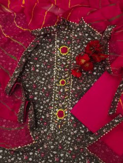 Rose pink and taupe brown  party  wear gota embroidery cotton suit