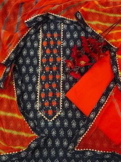 Navy blue tie work cotton suit with orange lehariya chiffon dupatta
