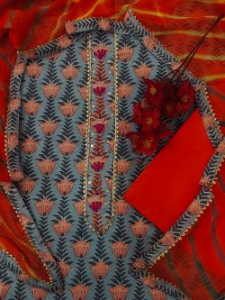 Red and baby blue party wear gota embroidery cotton suit