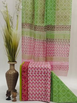 Pink and green printed cotton cotton dupatta suit