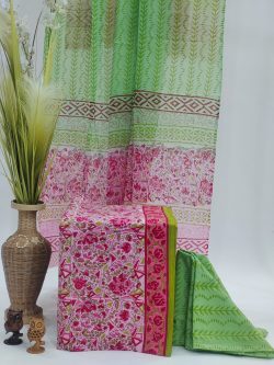 Pink and green printed cotton dupatta suit