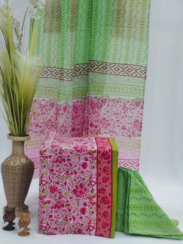 Pink and green printed cotton dupatta suit