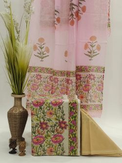 Pink floral hand printed cotton dupatta suit