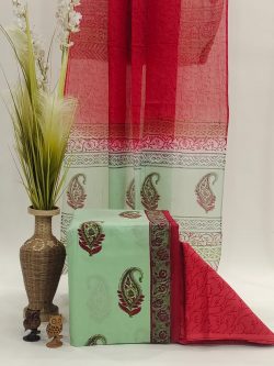 Red and aquamarine green color mughal print cotton dupatta suit