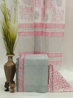 Grey line White and pink cotton dupatta suit