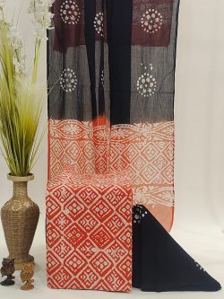 Indigo dabu printed orange and black cotton dupatta suit