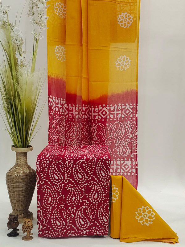 Rajasthani paisley print Yellow and red color cotton dupatta suit