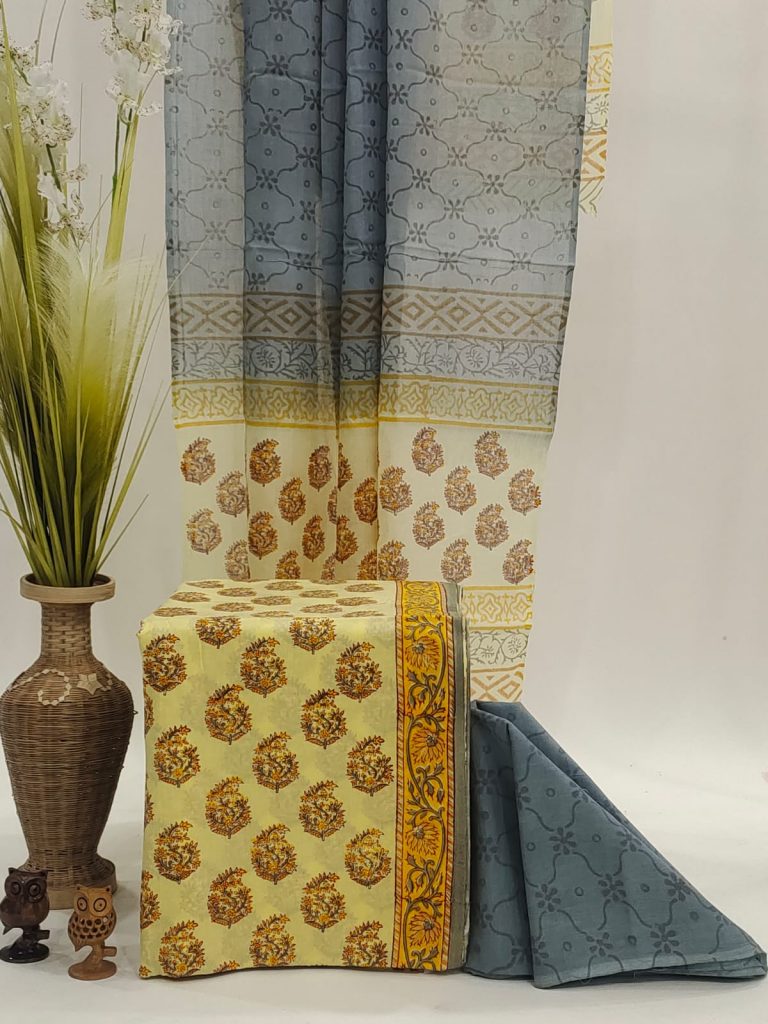 Yellow and slate grey cotton dupatta suit