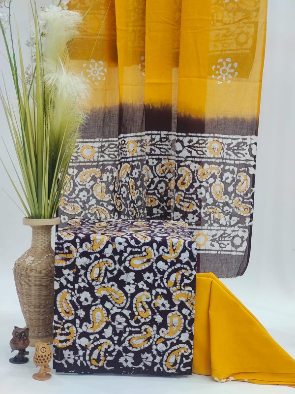 Black and yellow batik print cotton dupatta suit