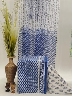 Blue and white booty print cotton dupatta suit