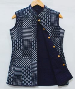sleeveless Indigo blue patch style reversible quilted jackets