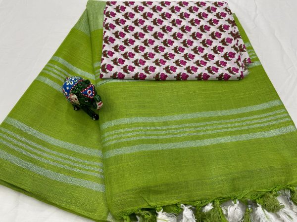 Green color linen saree with white printed blouse