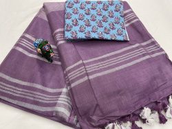 Orchid color linen saree with sky blue printed blouse