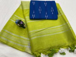 Pear linen saree with persian blue printed blouse