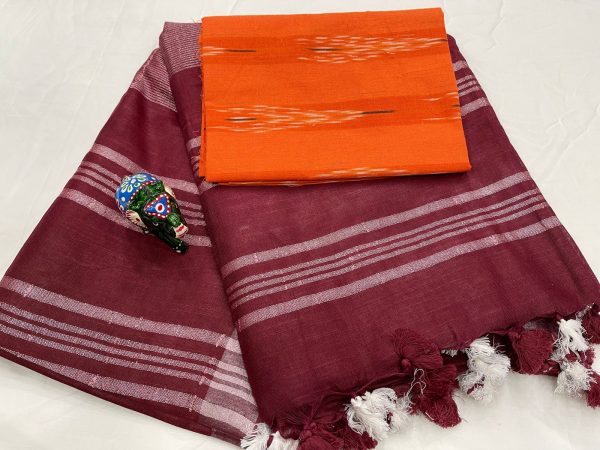 Maroon color linen saree with orange printed blouse