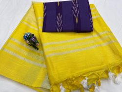 Yellow linen saree with blue printed blouse