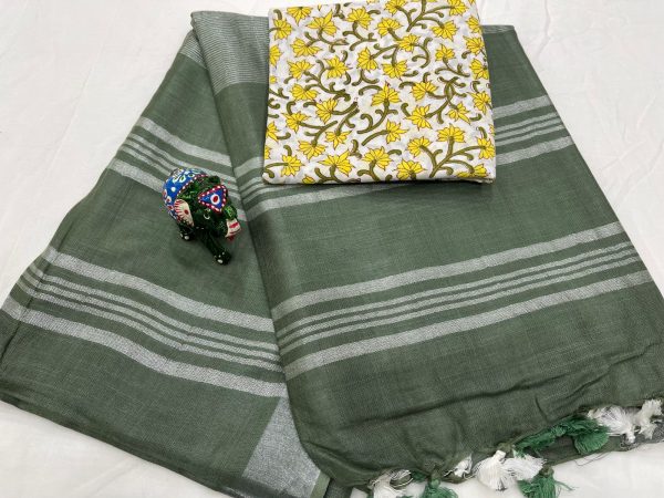 Slate gray linen saree with white printed blouse