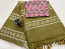 Olive linen saree with pink  printed blouse