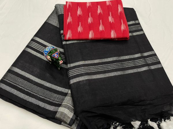 Black linen saree with red printed blouse