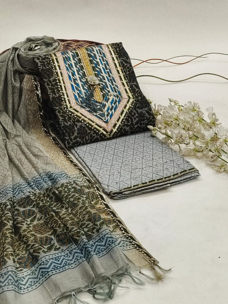 Slate grey gota embroidery cotton chanderi salwar suit