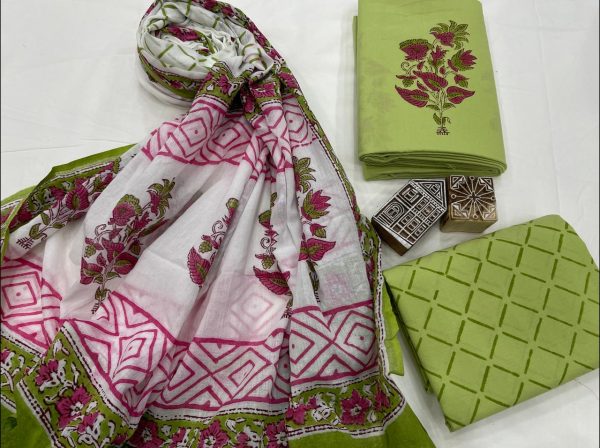 Green and white cotton suit with mulmul dupatta