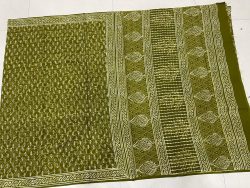 Olive color block print handloom cotton sarees with blouse