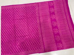 Pink color block print handloom cotton sarees with blouse