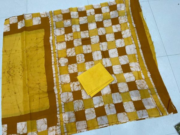 Yellow batik block print handloom cotton sarees with blouse