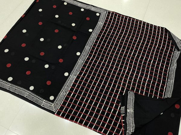 Black polka dots block print handloom cotton sarees with blouse