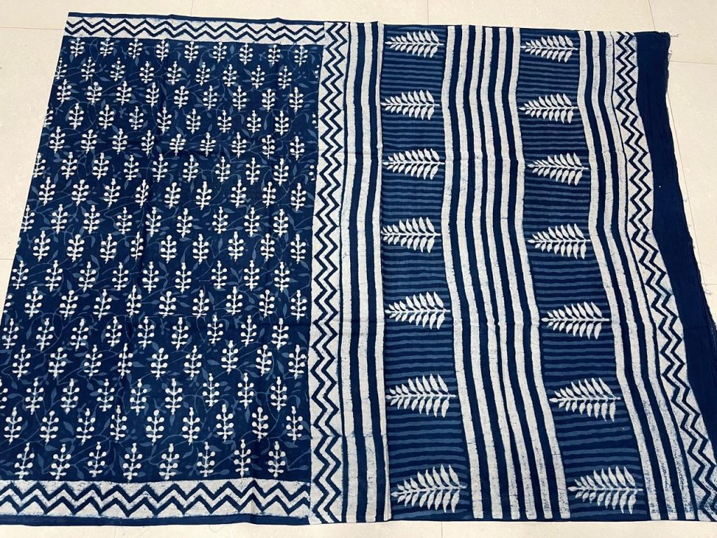Indigo dabu bagru block print handloom cotton sarees with blouse
