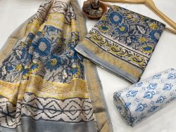 Gray hand printed floral maheshwari silk suit