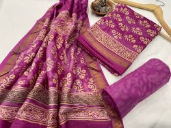 Red violet pigment printed maheshwari silk suit