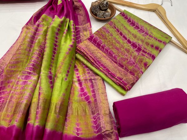 Red violet and olive shibori printed maheshwari silk suit