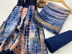 Blue and orange shibori printed maheshwari silk suit
