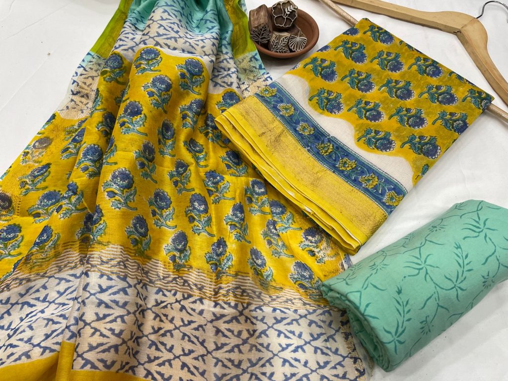 Yellow pigment print maheshwari silk suit