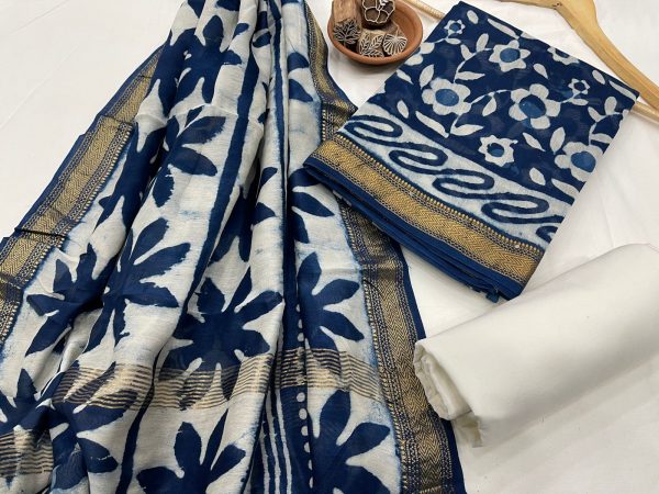 Indigo floral printed maheshwari silk suit