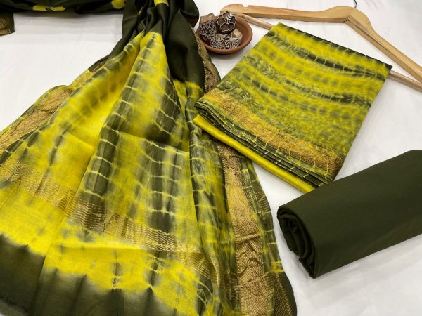 Yellow shibori printed maheshwari silk suit