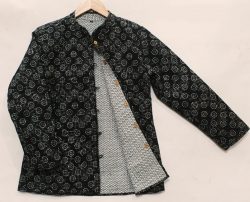 Hand block printed black and white full sleeve reversible cotton jacket